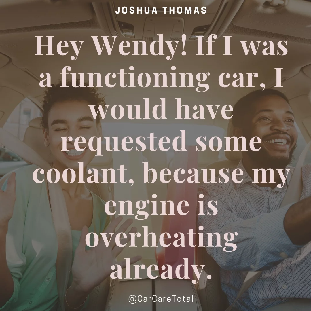 Hey Wendy! If I was a functioning car, I would have requested some coolant, because my engine is overheating already.